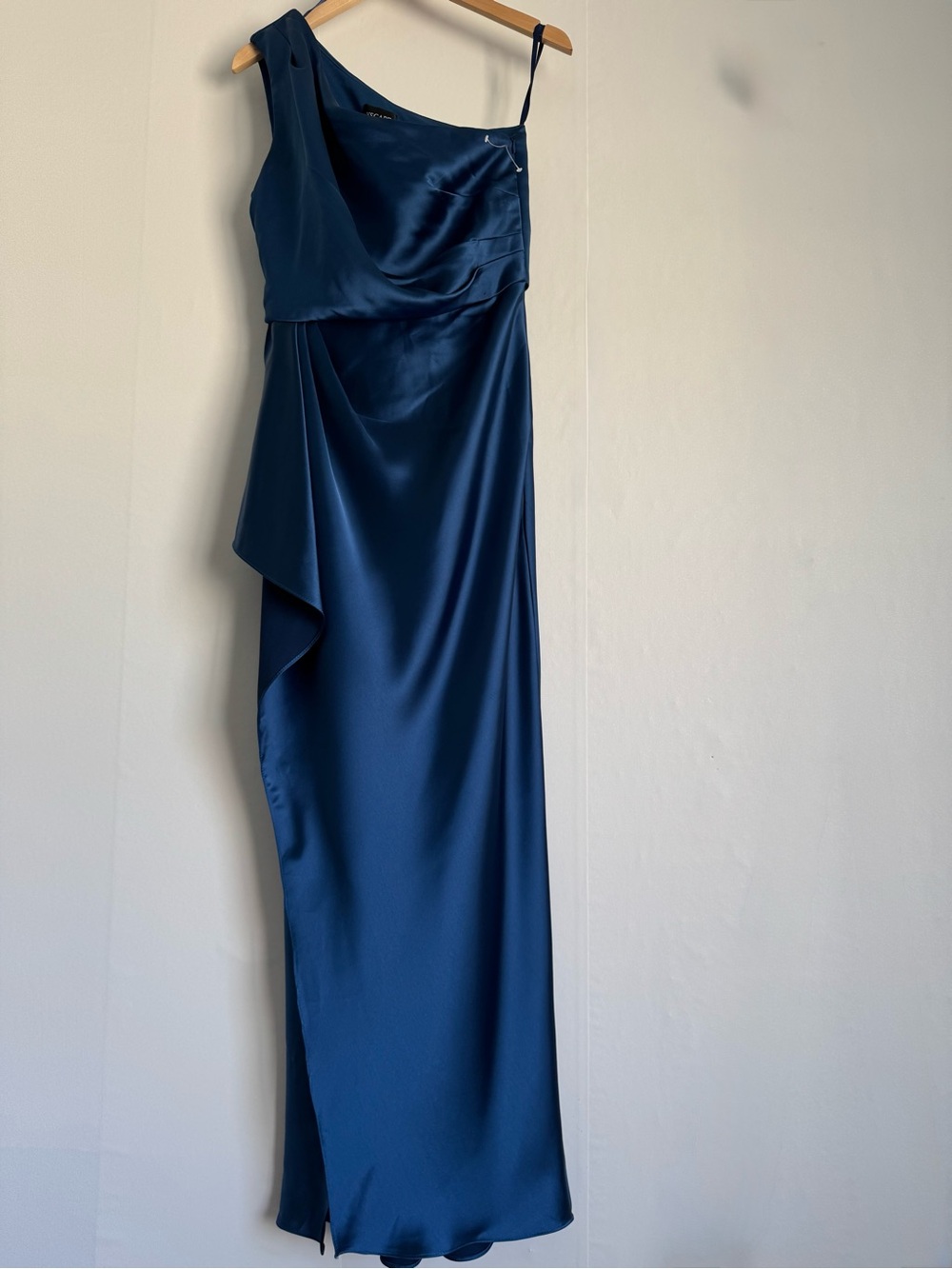 Xscape One-Shoulder Satin Gown in Deep Navy Blue